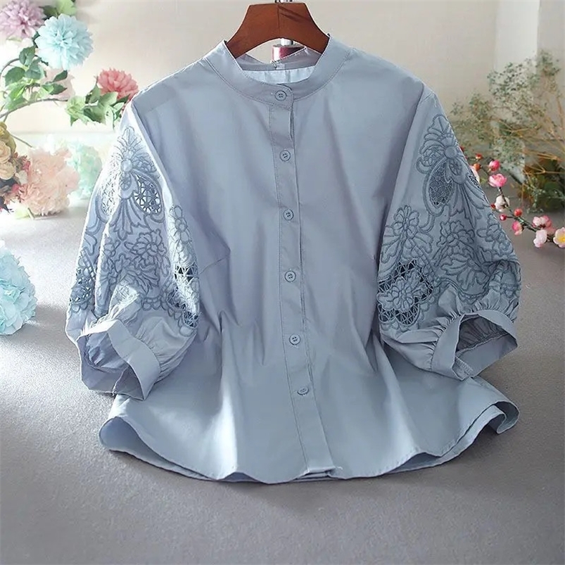 Cotton hollow embroidered womens shirt summer loose retro collar temperature lantern sleeves 250318