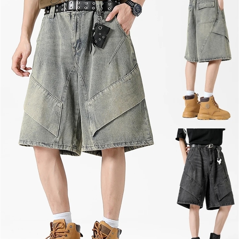 Y2k fashion oversized denim shorts mens nostalgic streetwear bag shorts clothing washing cotton summer mens pants 250423