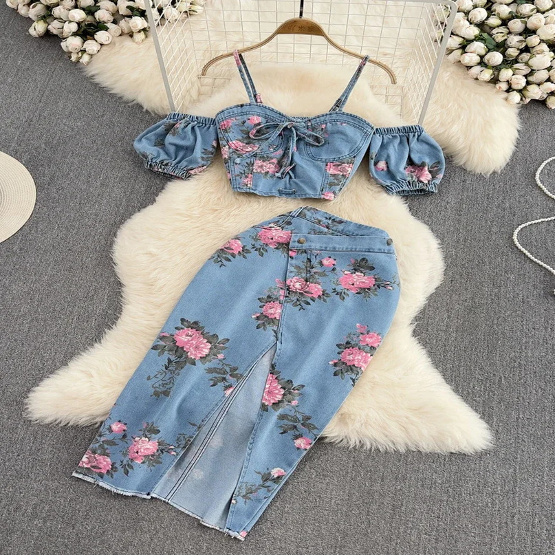 Women 2 Piece Set Denim Fashion Female Girl Chic Sexy Sling Top High Waist Irregular Split Skirt Summer Lady Suit 240423