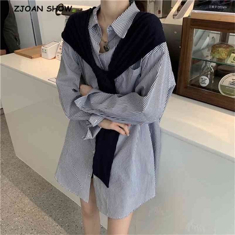 Korea Clothing CHIC False 2 piece Mid Long Striped Oversize Shirt Retro Woman Lapel sleeve Loose Blouse Casual Tops Blousas 210429