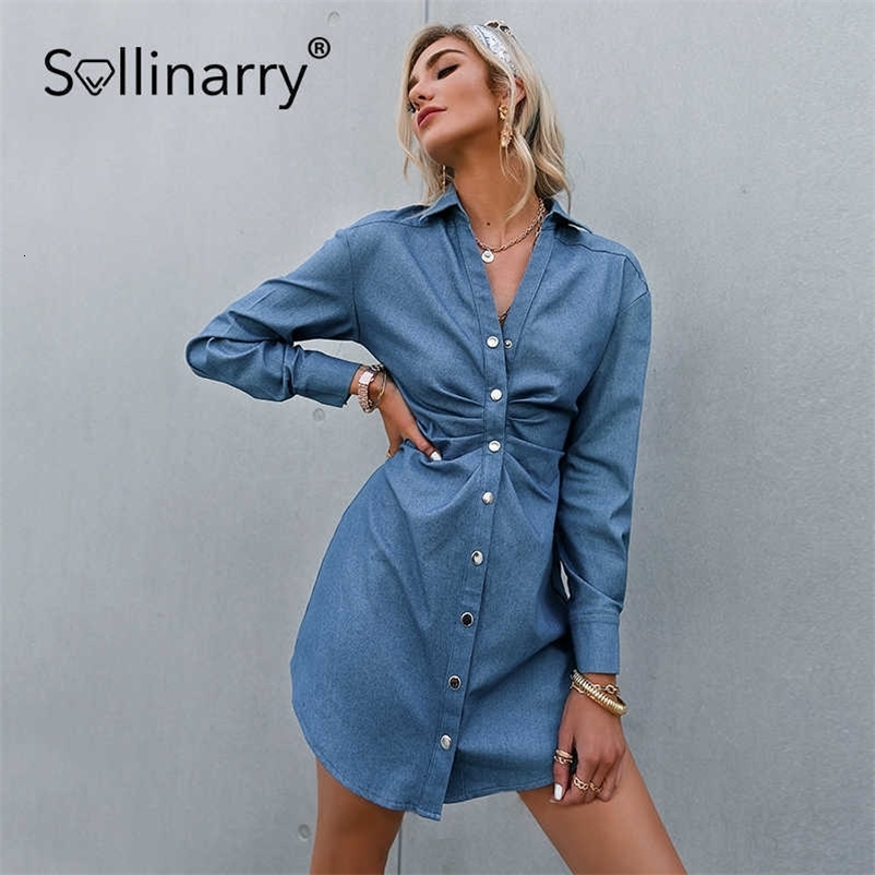Sollinarry High street blue shirt dress women Long sleeve sheath summer dress Casual botton pleated solid midi dress streetwear 210709