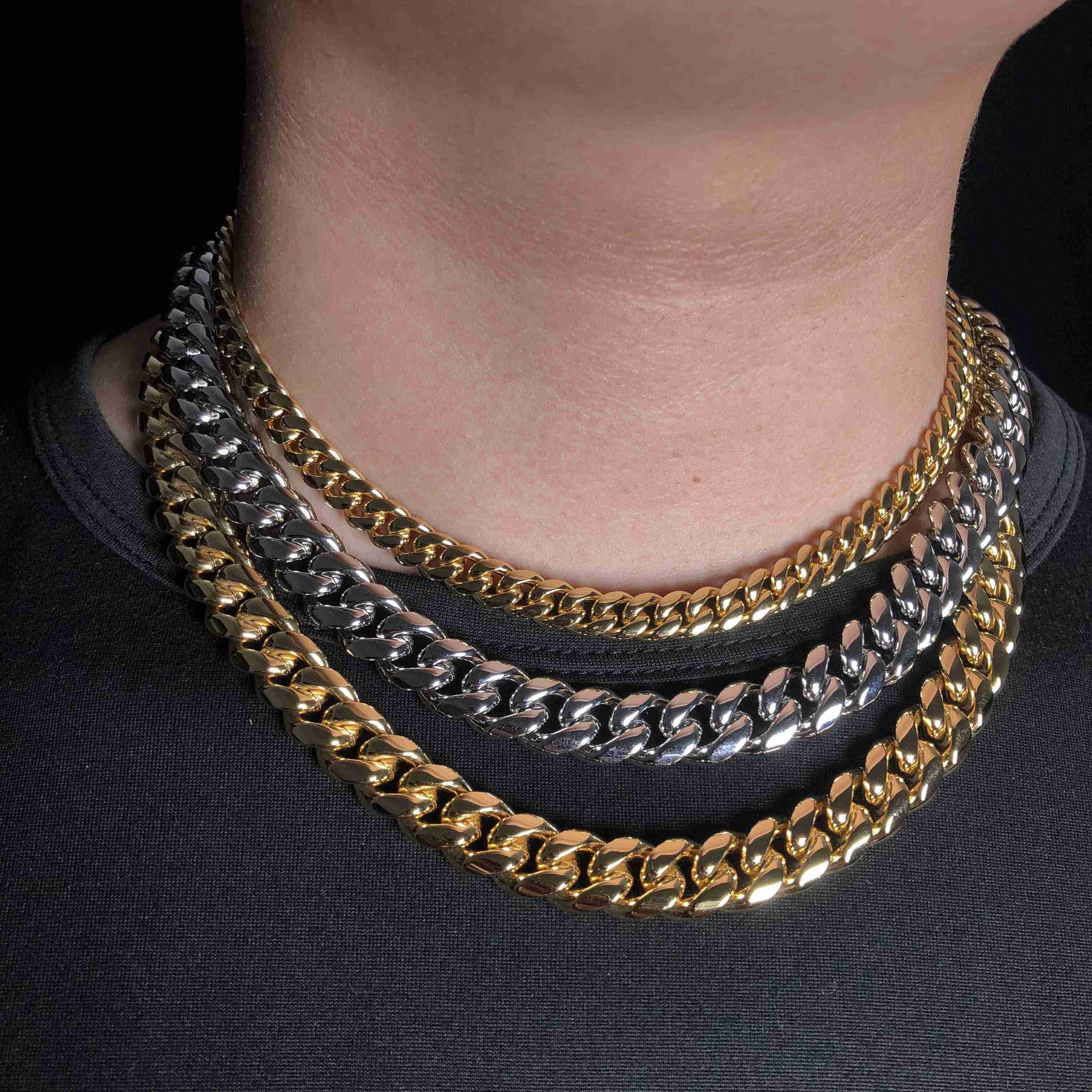 81012MM Iced Out Clasp Miami Sterling SilverCuban Link Chain Necklaces in Yellow Gold and White Gold