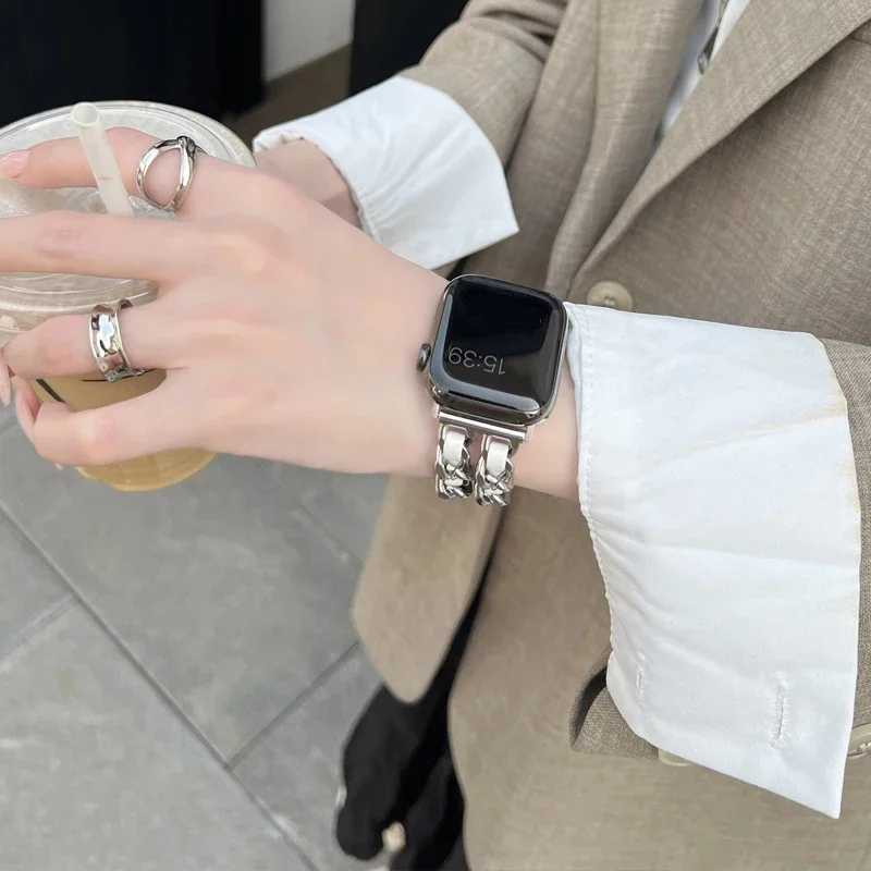 Double row metal denim chain with blackwhite leather Watch Band 22mm3849mm Womens Bracelet for iWatch Ultra 81 Z250924