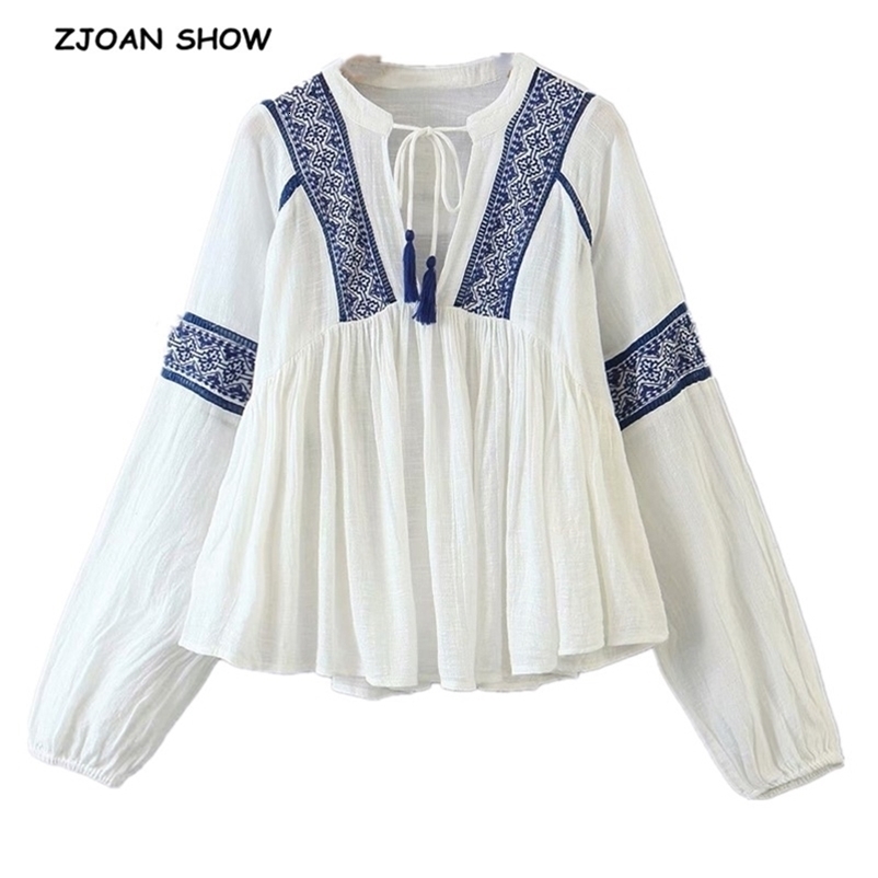 Autumn Women Bohemian Pullover Embroidery Shirt Ethnic Long Sleeve V-Neck Lacing Up BOHO Blouse Holiday Tops Femme Blusas White 210429