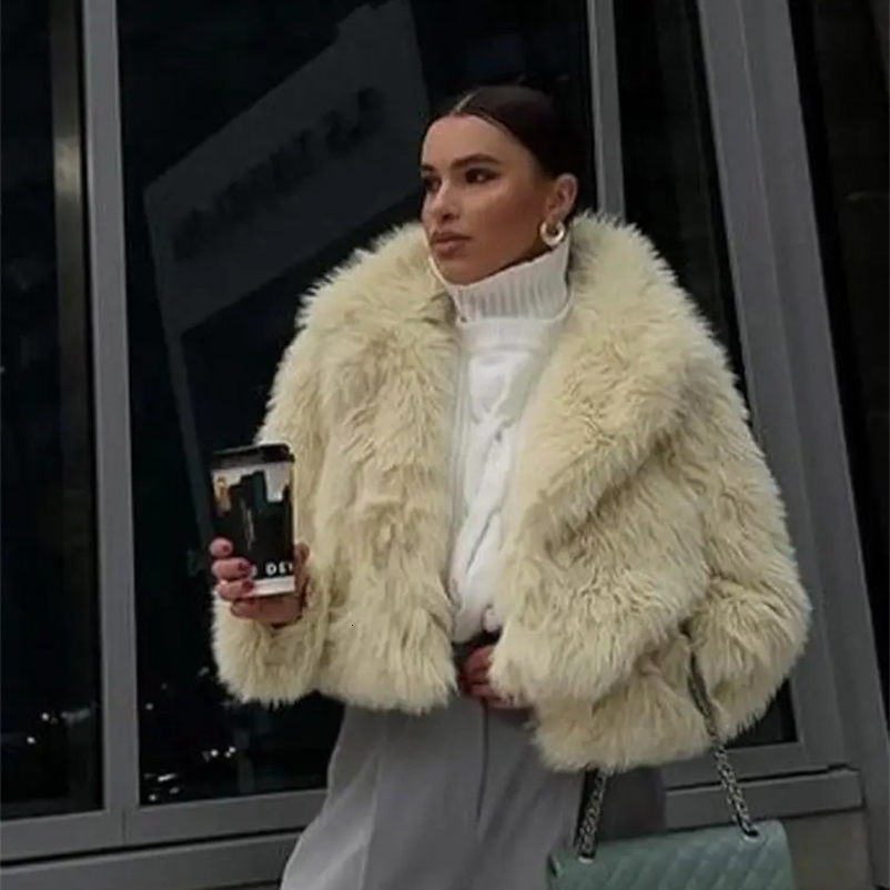 Women's Fur Faux Fur Cropped Warm Fluffy Faux Fur Jacket Coat Women Loose Long Sleeve V-neck Female Cardigan Winter Lady Streetwear Jackets 23112