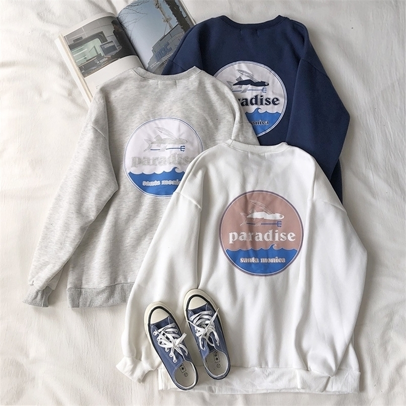 Mooirue Spring Women Sweathshirt Fish Printed Gray White Blue Boyfriend Pullovers Tops T200904