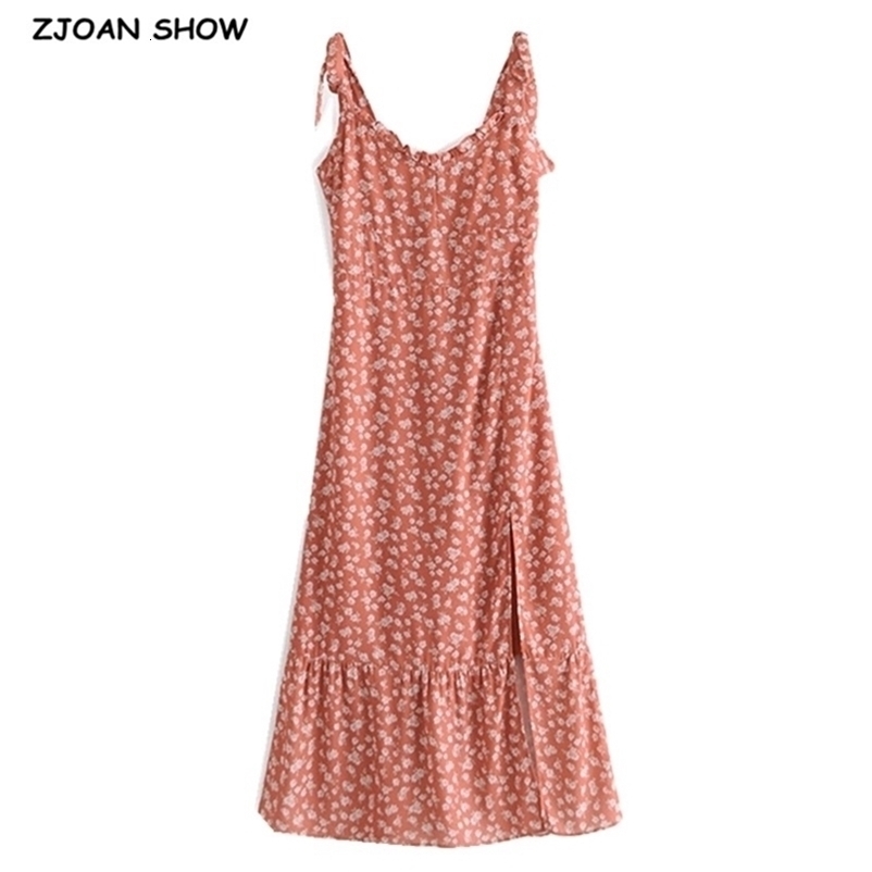 Vintage French Floral Print Hem Split Midi Tank Dress Sexy Women Spliced Wood ears Adjust Tie Bow Strap Dresses Vestido 210429