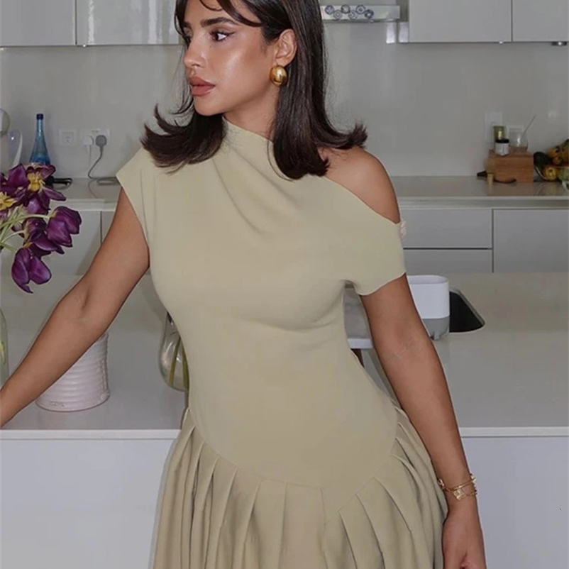 Elegant pleated midi womens fashion street short sleeved patch work long skirt casual office women irregular collar vest 250122