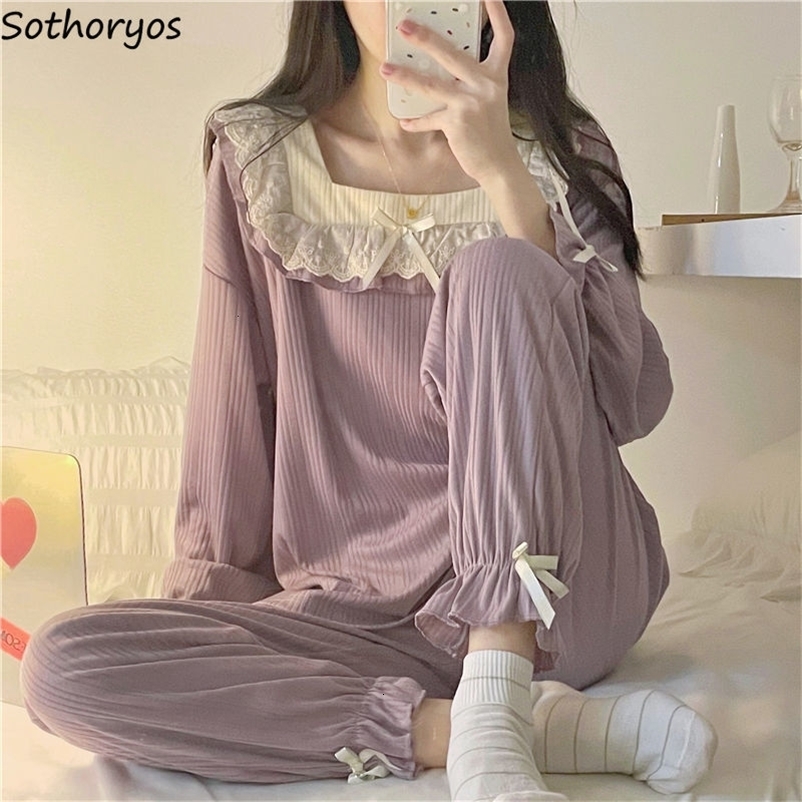 Women's Sleepwear Women Pajama Sets Autumn Lace Square Collar Sleepwear Princess Long Sleeve Ruffles Pyjamas Lounge Student Sweet Outwear Two Pcs