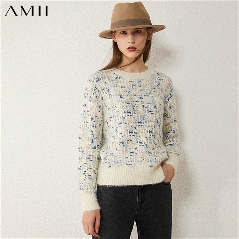 AMII Minimalism Autumn Winter Fashion Women's sweater Vintage Oneck Tweed Full Sleeve Thick Sweaters For Women Tops 12040307 201222