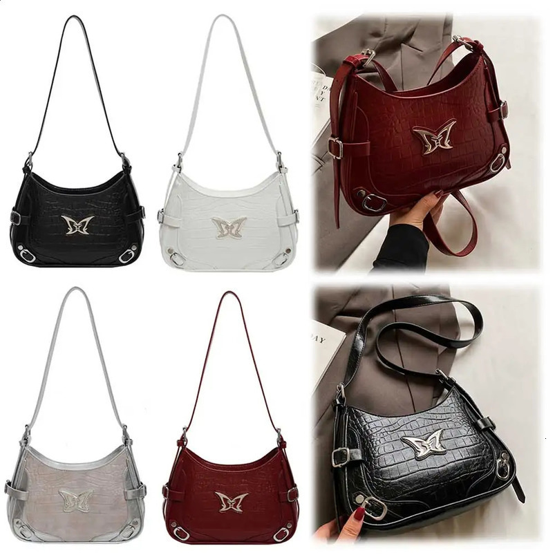 Crescent Bag for Women Butterfly Hobo PU Leather Solid Y2K Shoulder Adjustable Strap Handbag Travel Party Work 240724