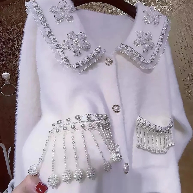 Beaded Flowers Stitch Sweater Cardigan For Women Autumn Winter Beading Tassel Sweater Outwear Knitwear Jacket Coat 250206