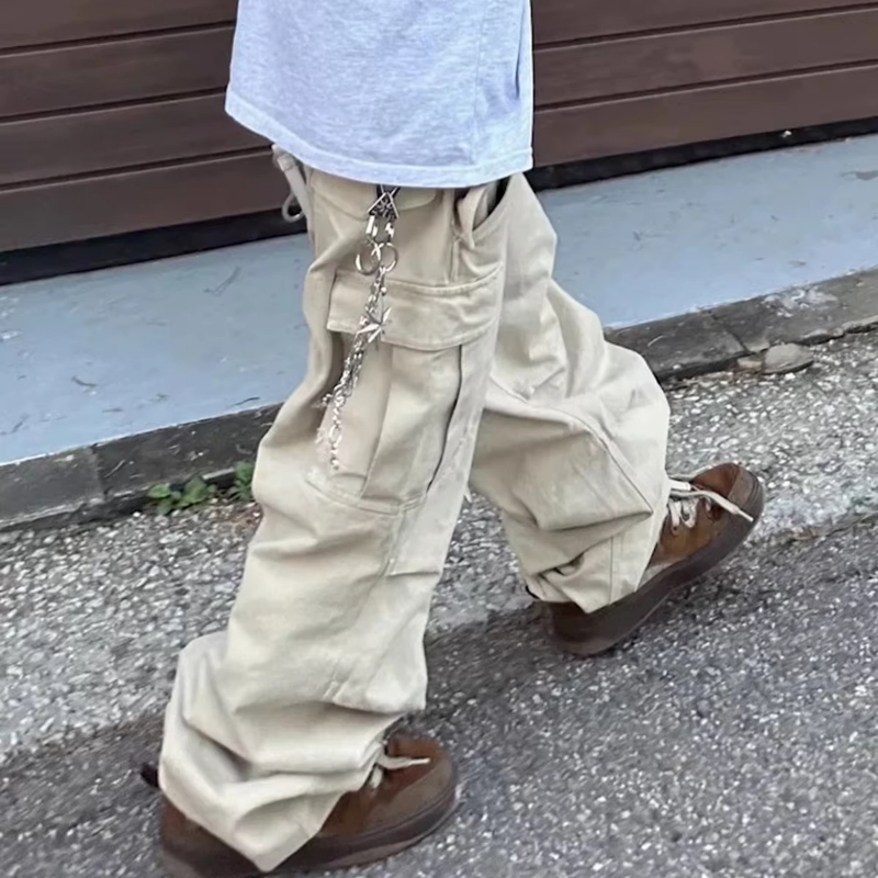 New Streetwear Knee Pleated Silhouette Baggy Cargo Pants for Men Solid Straight Casual Trousers Oversized Multipockets Pants
