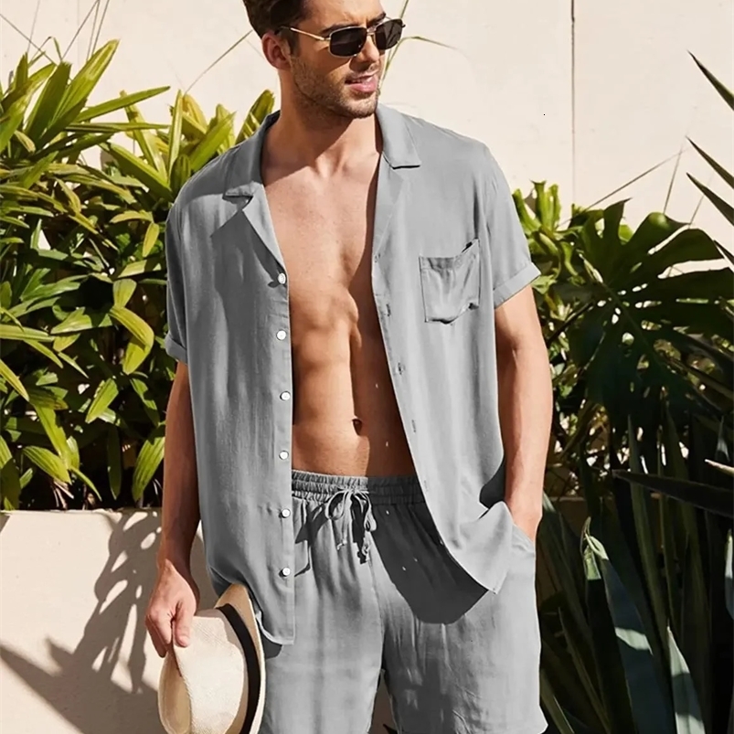 Ropa Hombre mens linen short sleeved shirt set linen summer loose casual cotton cardigan 250318