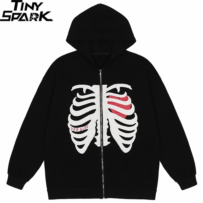 Men's Jackets Men Hip Hop Streetwear Hooded Jacket Sternum Skeleton Jacket Coat Harajuku Cotton Loose Jacket Spring Outwear Zipper Black 220919