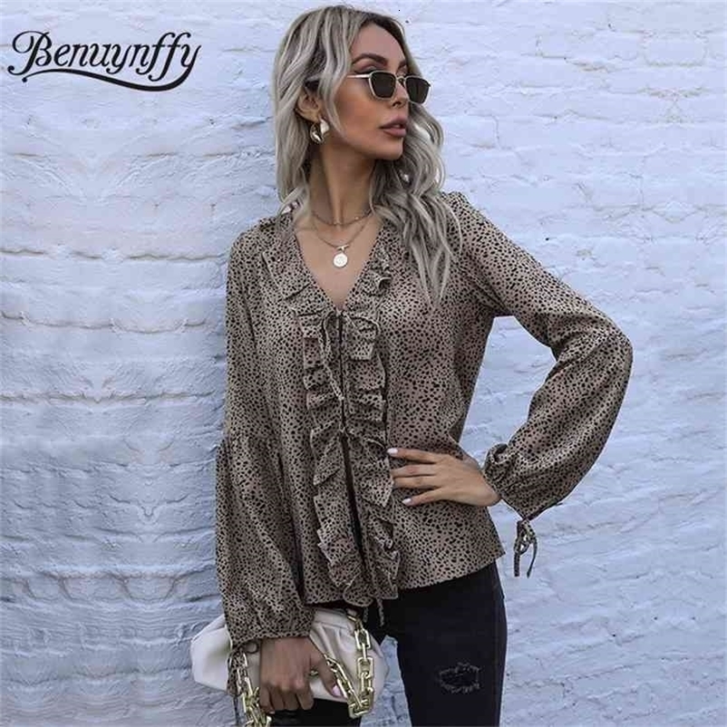 V-neck Lace up Ruffle Trim Print Blouse Women Spring Summer Long Sleeve Female Casual Loose Chiffon 210510