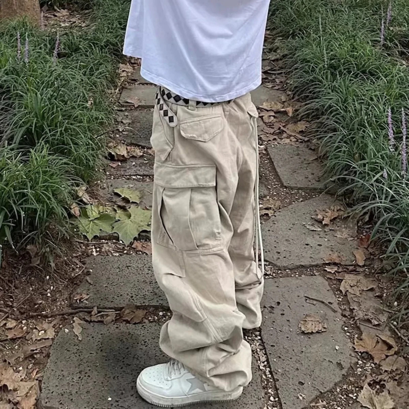 New Streetwear Knee Pleated Silhouette Baggy Cargo Pants for Men Solid Straight Casual Trousers Oversized Multipockets Pants