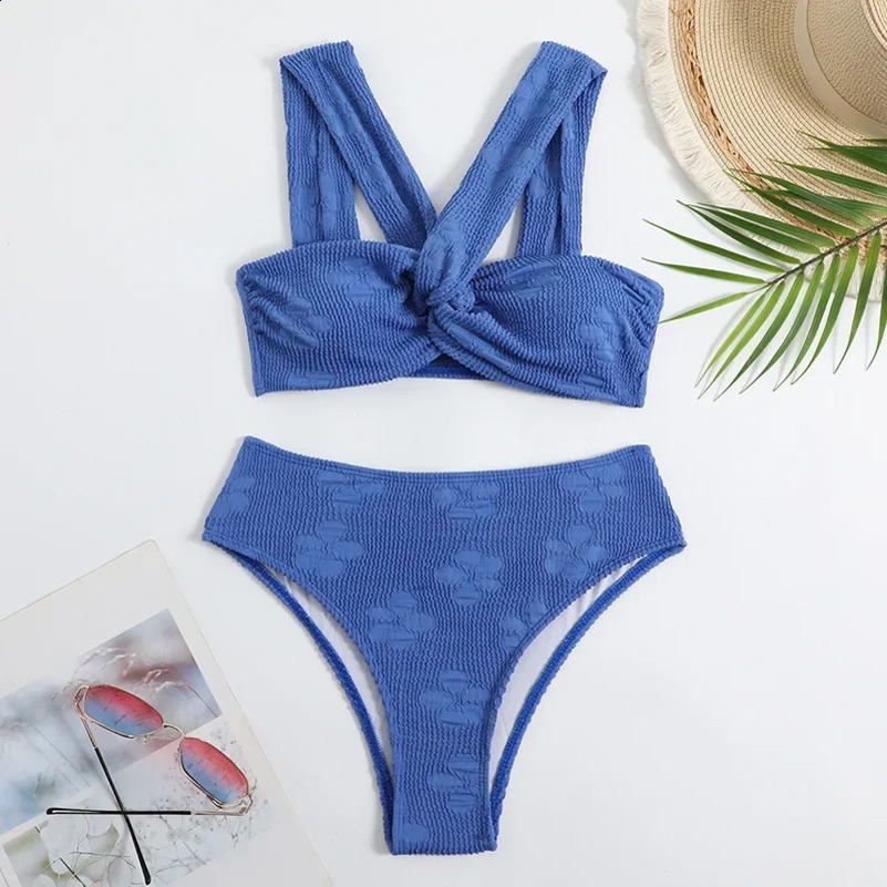 2 Piece Bikini Solid Color Swimsuit Women High Waist Bathing Suit Knotted Suspender Backless Swimwear Summer Beachwear Y268 240813