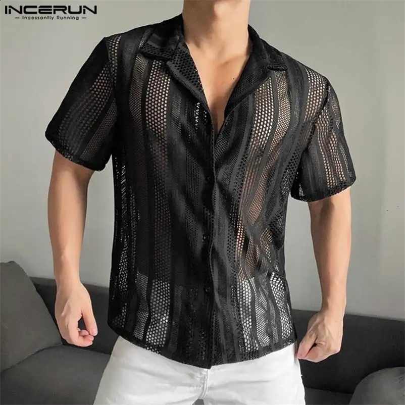 INCERUN Mens Shirt Mesh Transparent Lapel Short Sleeve Summer Shirts Streetwear Hollow Out Fashion Casual Shirts S-5XL 250224