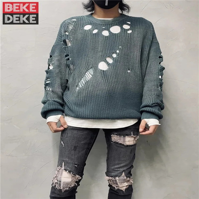 Autumn Vintage n Loose Fit Hole Sweater Mens Casual Long Sleeve ONeck Knit Tops High Street Fashion Pullover Knitwear Male 241111
