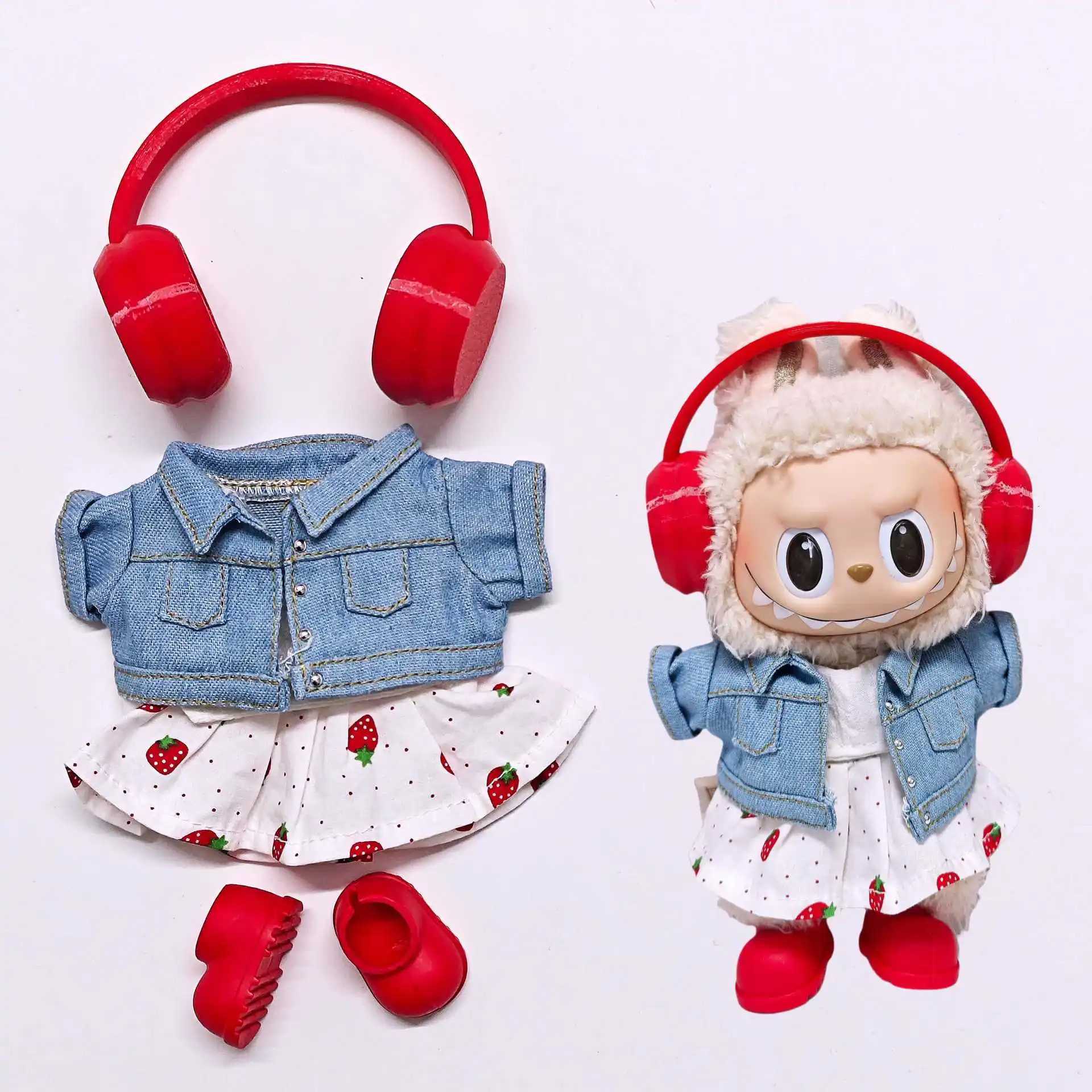 Labubu Doll Clothes Set Strawberry Dress Denim Jacket Colorful Headphones Shoes Cute Plush Outfits for 13 Gen C250924