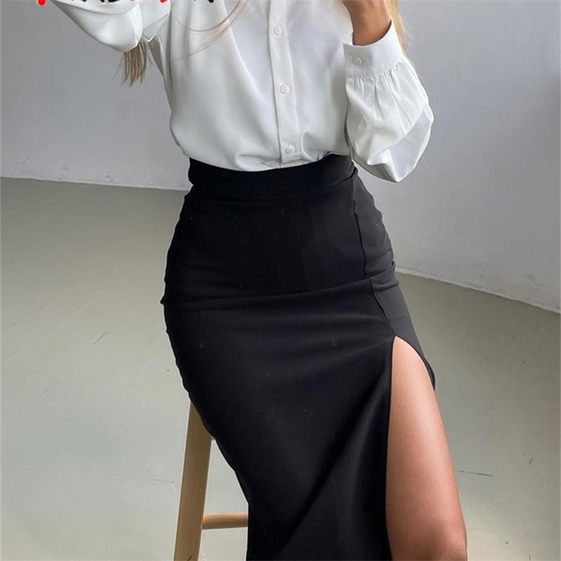 Casual Autumn Midi Skirt with Slit White HighWaist Elegant Womens Pencil Skirt OL Style Straight Bodycon Office Skirt Lady 220701