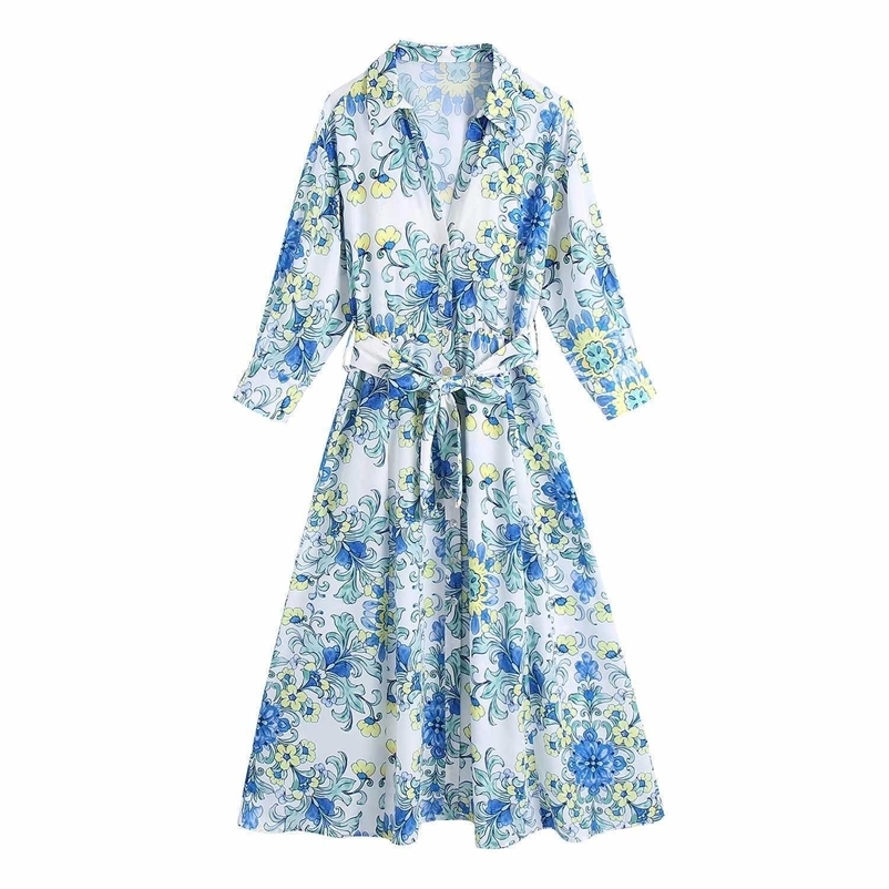 Summer Floral Shirt Dress Women Belted Vintage Casual Fashion Chic Lady Midi Dress Women 210709