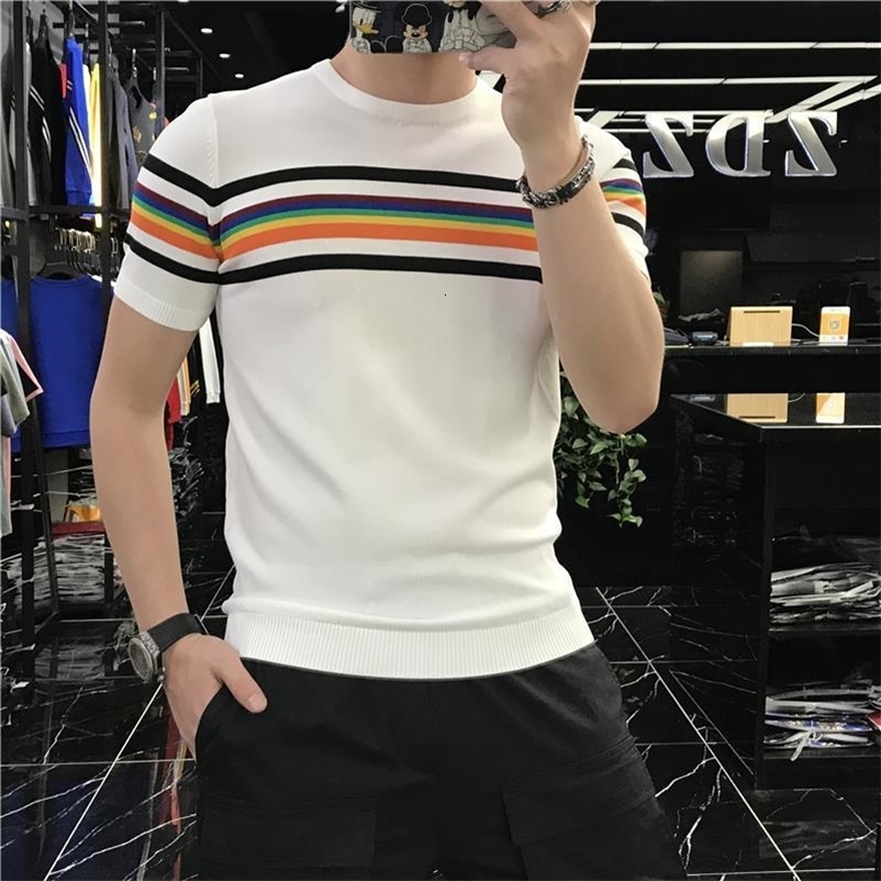 Men's T-Shirts Summer Men's Elastic T-shirt Patch Work Color Stripe Knitted T-shirt Men's Short Sleeve O-Neck Casual T-shirt 230403