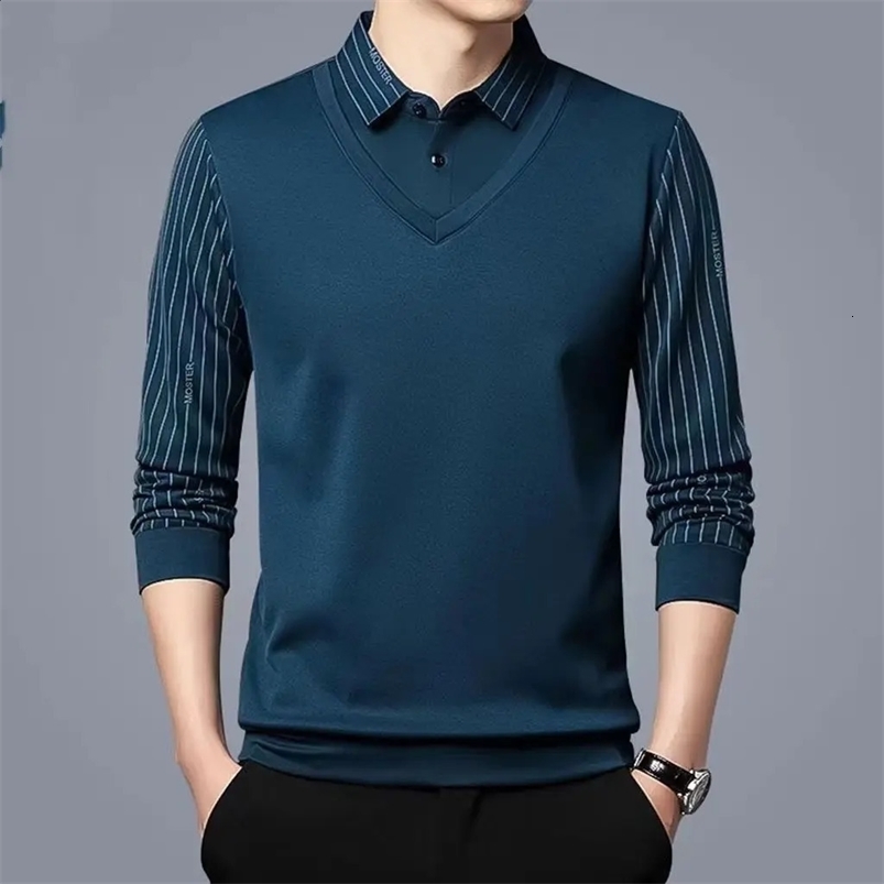 Business Casual Thin Slim Men Polo Shirt Spring Autumn Button Lapel Striped Long Sleeve Fashion Korean Clothing Tops 240828