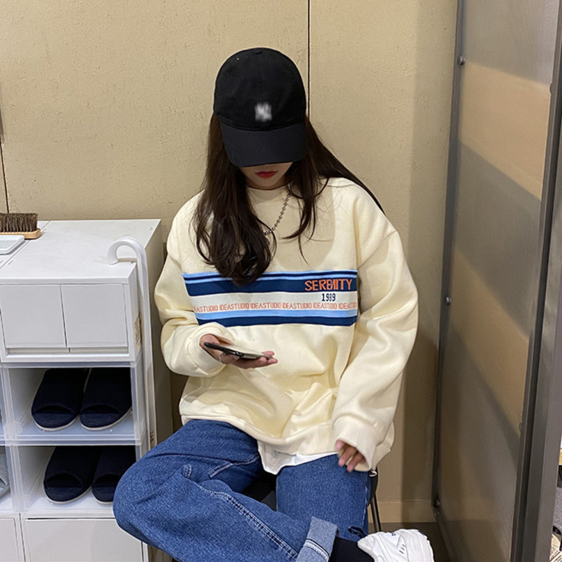 2 colors autumn winter korean style Women Sweatshirts Long Sleeve letter patch thick Sweatshirt Womens pullovers ( F4120) 210423