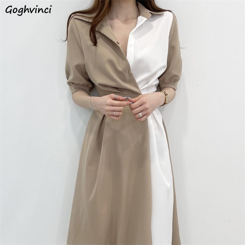 Casual Dresses Short Puff Sleeve Dress Women Patchwork Fashion Turn Down Collar Simple Korean Style Mid-calf Tunic Female All Match Ins 230316