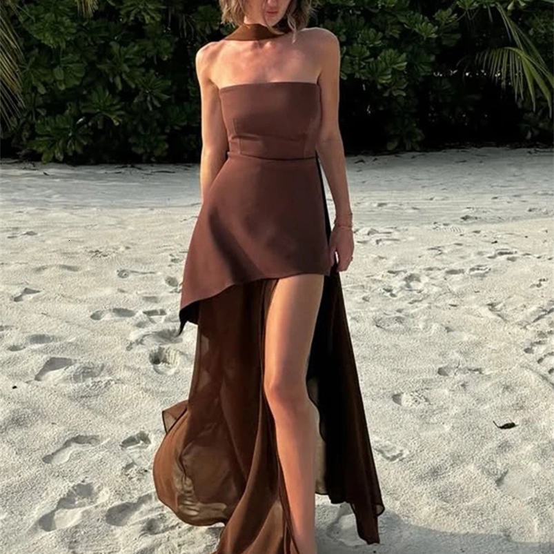 TARUXY Fashion Strapless Dress With Ribbon Female Elegant Sleeveless Mesh Beach Vacation Long Dress Spring Women Dress 250519