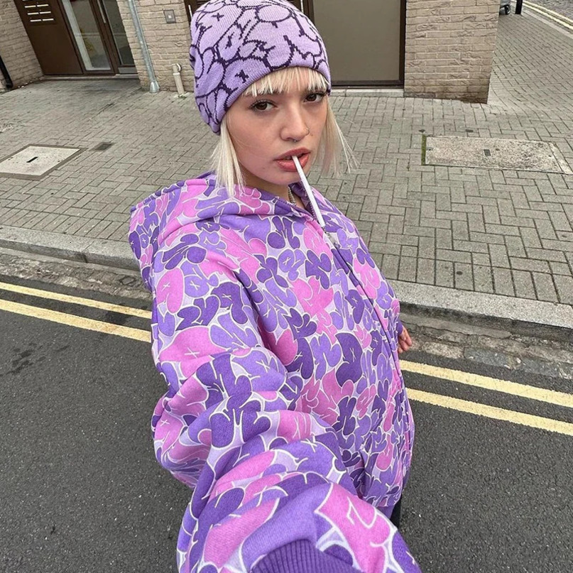 Y2K Harajuku Gothic Grunge Pattern Printed Hip Hop Zip Up Hoodie LongSleeved Sweatshirts Jacket Coats Streetwear 240318