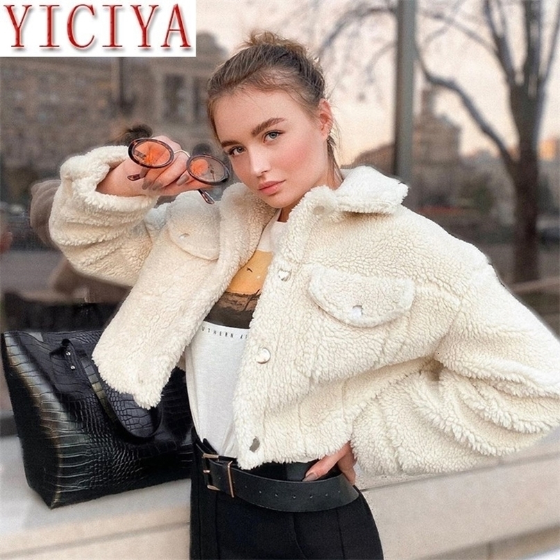 Coats Winter Cozy Faux Lambswool Fleece Jackets Women Autumn Warm Fashion Coats Long Sleeve Casual Pocket Button Outerwear 201019