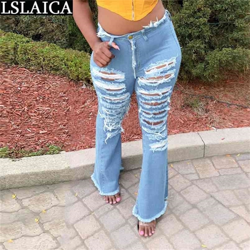 Pants Women Casual Plus Size Button Zipper Trousers Fashion Personality Hole Slim Flare Jeans Pantalones Para Mujer 210515