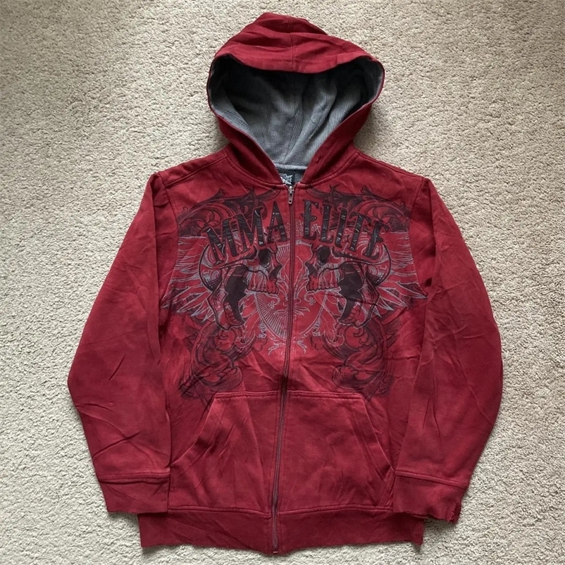 American Vintage Y2k MMA Elite Zip Up Hoodie Size Small Skull Wing Graphic Men Street Hip Hop Casual Sweatshirt Unisex 240717