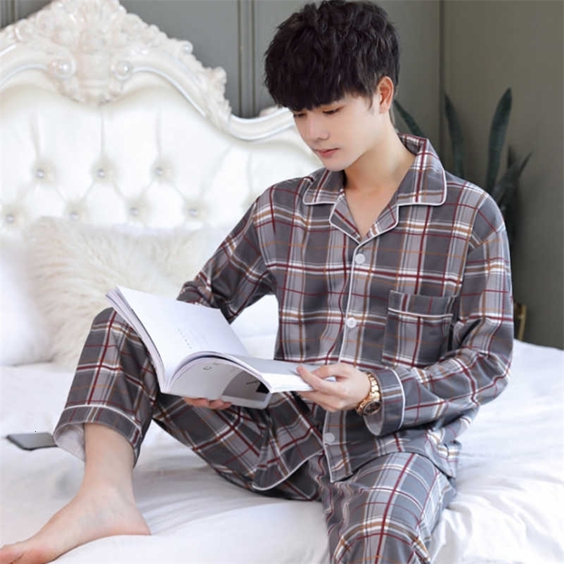Autumn Winter Men's Cotton Pajamas Letter Striped Sleepwear Cartoon Pajama Sets Casual Sleep&Lounge Pyjamas Plus Size 3XL Pijama 211019