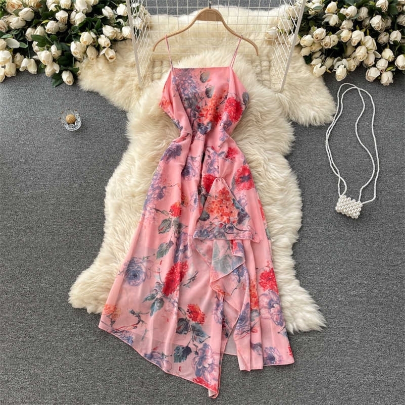 DEAT Women Printing Slin Asymmetrical Dress Square Neck Sleeveless Arrivals Lady Sexy Fashion Spring Summer 11D557 210709
