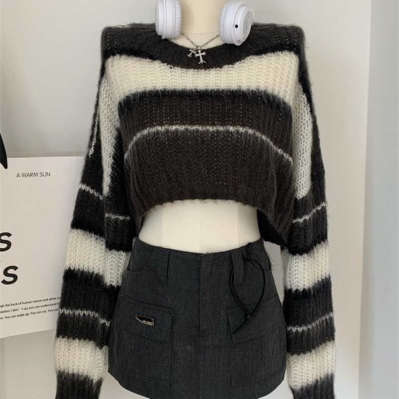Women's Sweaters Y2K Cropped Black Sweater Korean Style Women Striped Jumper Vintage Female Autumn Long Sleeve Crewneck Pullovers Tops 230827