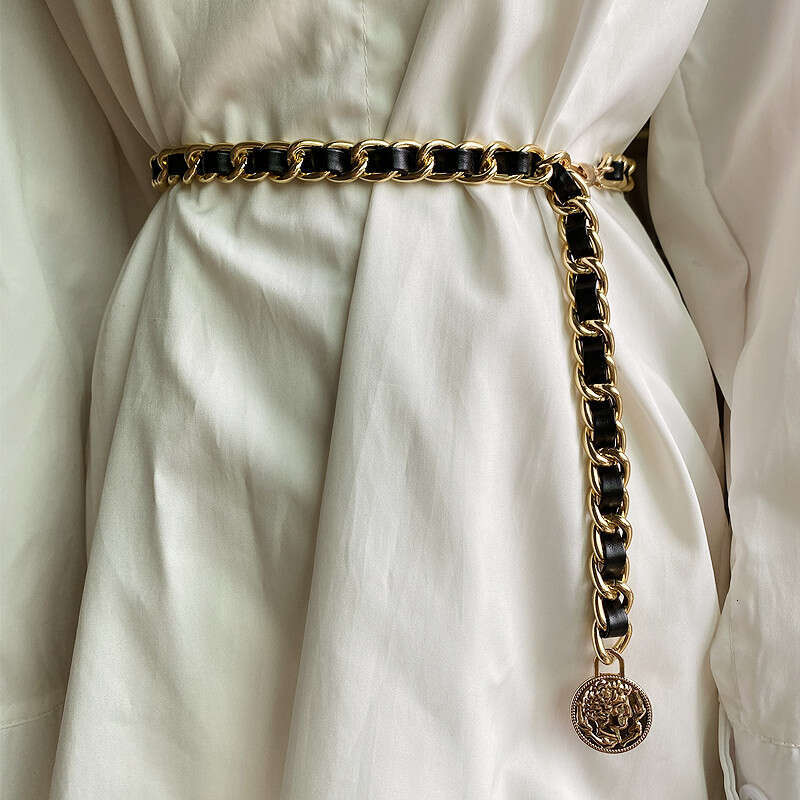 French Style Chain Women, Fashionable Leather Patchwork Metal Belt Accessory Dresses, Waist Cincher for Women