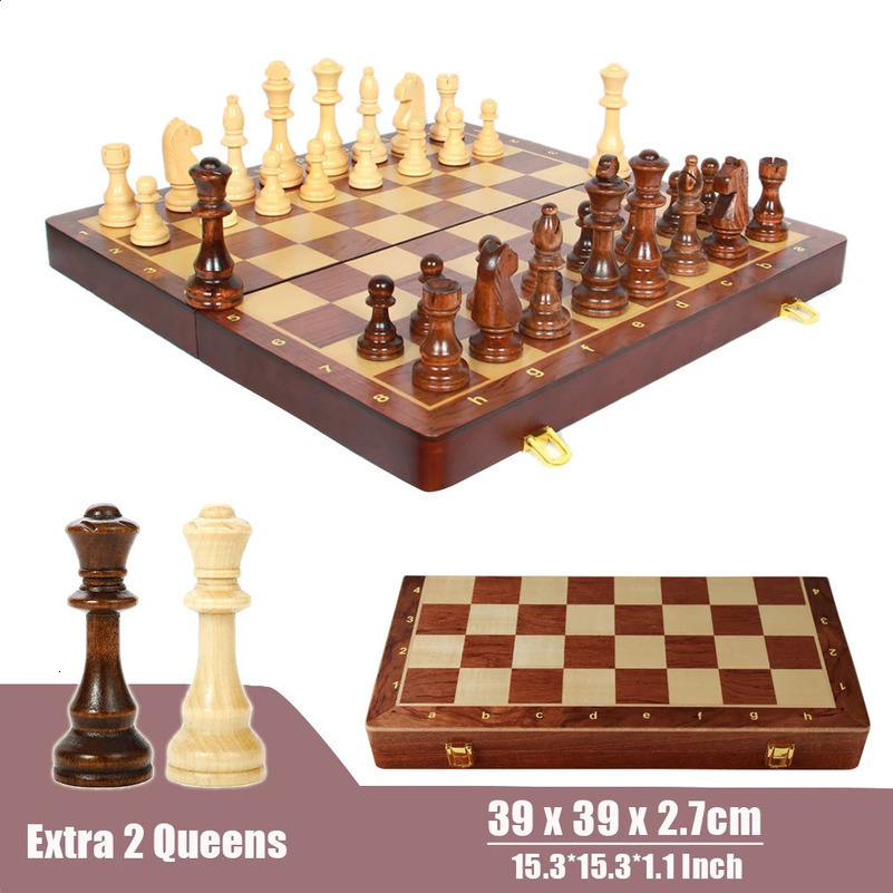 Wooden Folding Chess Set for Adults and ren Traditional Classic Pieces Chessboard Toys Board Games 2 Extra Queens High 240813