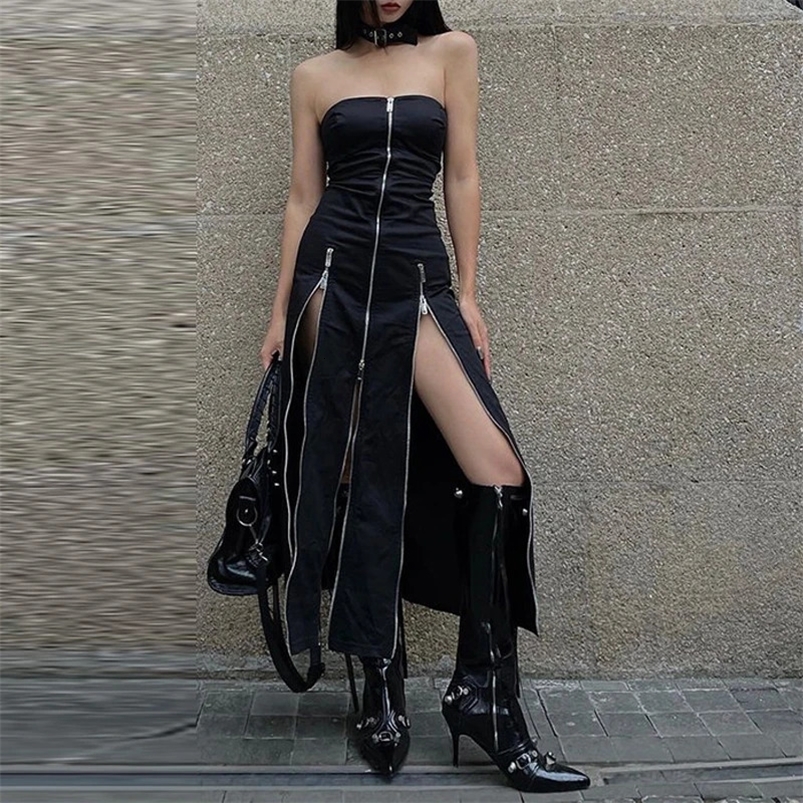 Goth Dark Techwear Fashion Zipper Midi Dress Cyber Y2k Shopping Center Gothic Split Womens Pipe Dress Party Clothing Punk Shoulder Set 241205
