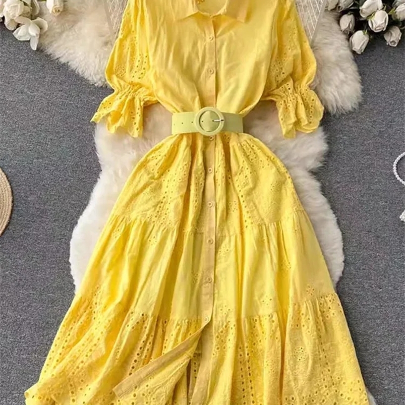 XFPV Women Light Hollow Out High Waist A-line Dresses Lapel Puff Sleeve Loose Mid Length Vestidos Summer 2025 SM10995 250103