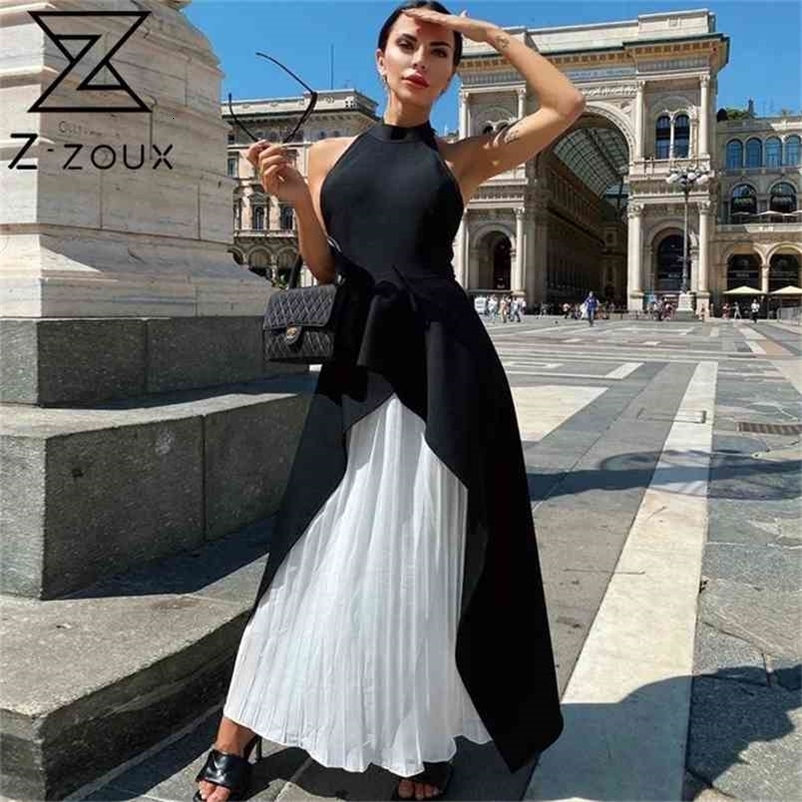 Women Dress Patchwork Sleeveless Sexy Dresses Black White Color Matching Vintage Plus Size Summer Clothes 210513