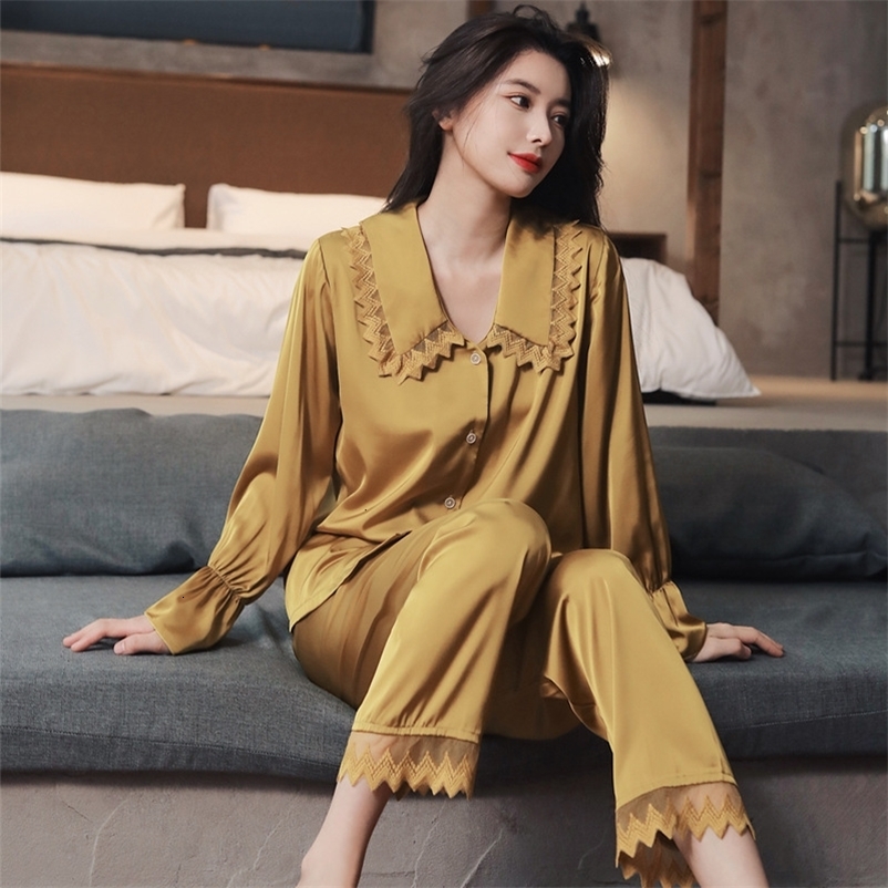 Women's Sleepwear 2PCS Women Pajamas Sets Sexy Lace Turn-Down Collar Pyjamas Sleep Suit Spring Summer Rayon Nightwear Casual Sleepwear Home Wear 