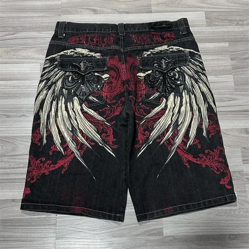 Gothic hip-hop wing oversized pattern printed mens denim shorts 2000s summer fashion street fashion y2k pants 250423
