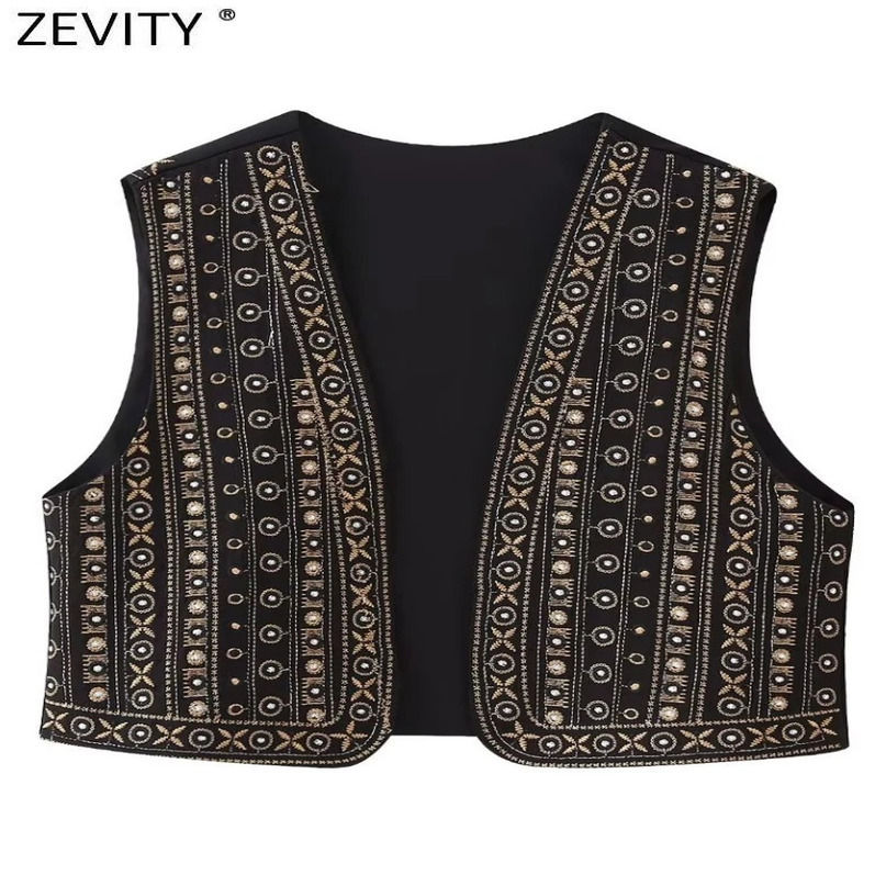 Zevity Women Vintage V Neck Beading Flower Embroidery Short Vest Jacket Ladies Sleeveless Casual Cardigan WaistCoat Tops CT5322 240523