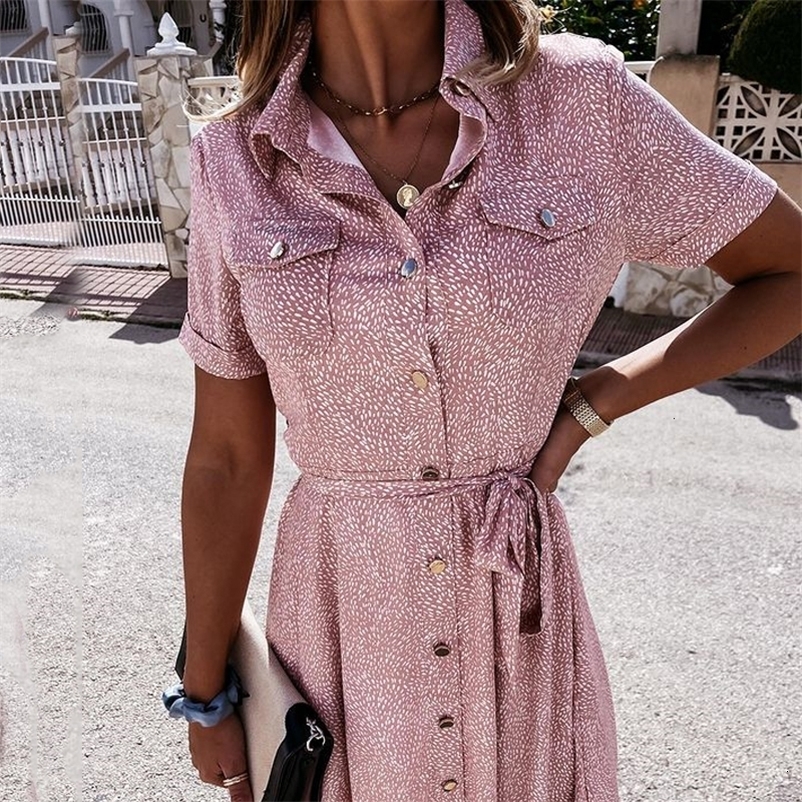 Casual Dresses Elegant Ladies Short Sleeve Button Bohemian Beach Dress Casual Summer Ladies Printed Single Breasted Belted Shirt Dress Fashion 230316