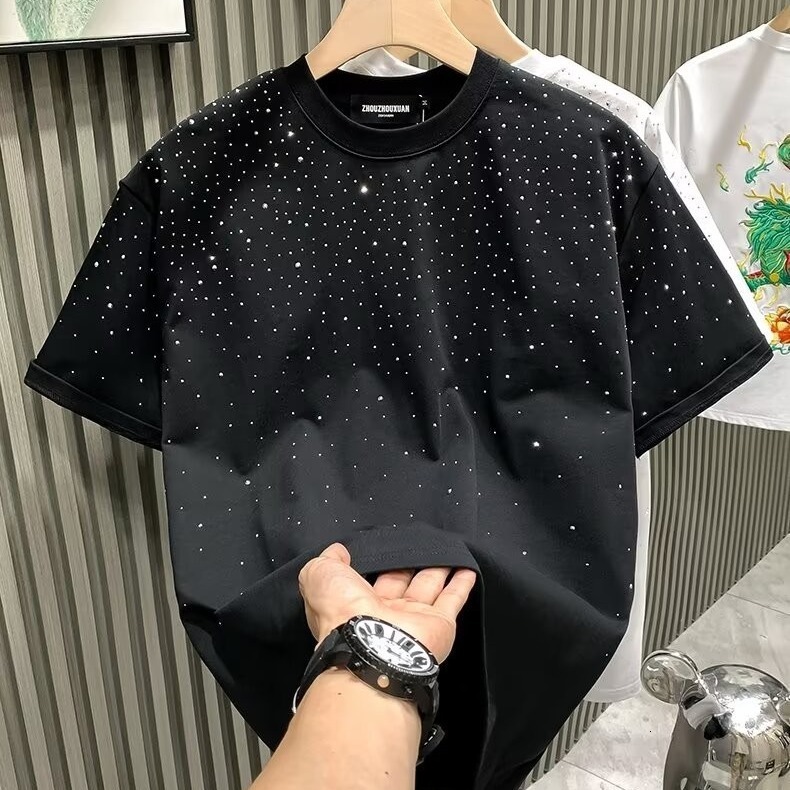 2025 Summer Fashion Trendy Brand Light Luxury Mens Tshirt Short Sleeve Star Hot Diamond Internet Red Niche Half Sleeve Tshirt