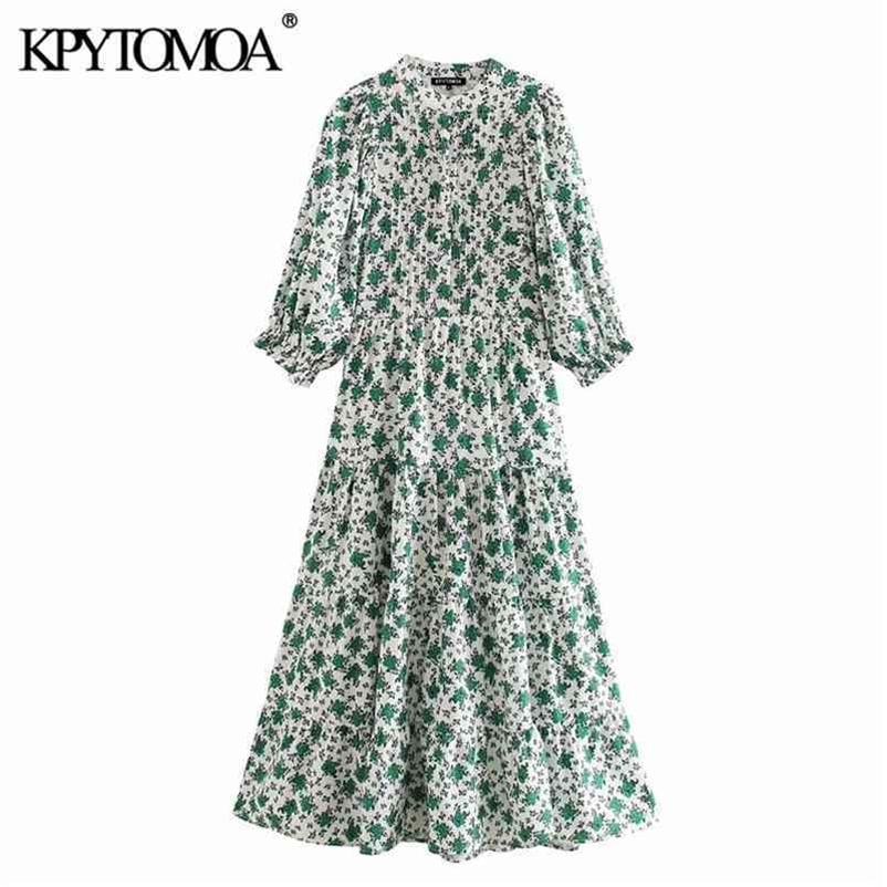 Women Elegant Fashion Flroal Print Midi Dress O Neck Half Sleeve Female Dresses Vestidos Mujer 210420